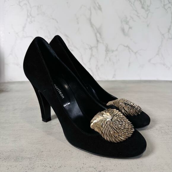 Sigerson Morrison Flair Silk Black Suede Sahara Heels Women's US6.5 EU40 Metal - Picture 4 of 10